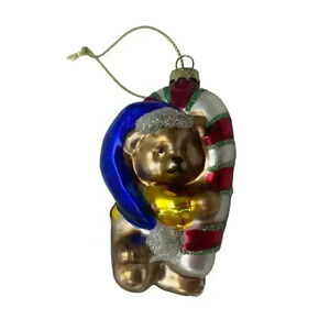 Teddy Bear Hugging Candy Cane Glitter Blown Glass Christmas Ornament